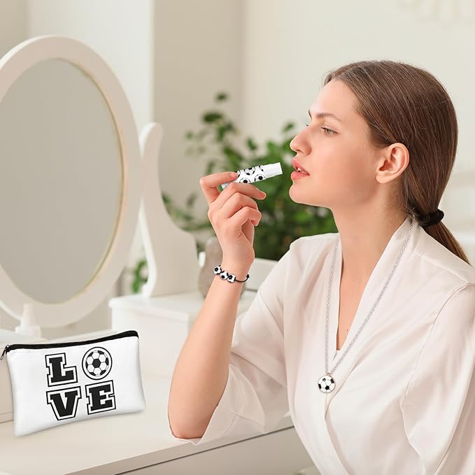 72 Pcs Sports Team Gifts Include 12 Makeup Bags 12 Lip Balm 12 Lip Balm Holder 12 Necklace 12 Adjustable Bracelet 12 Mirrors for Sports Lovers Players Party Favors (Black, Soccer)-BrightBean Baby