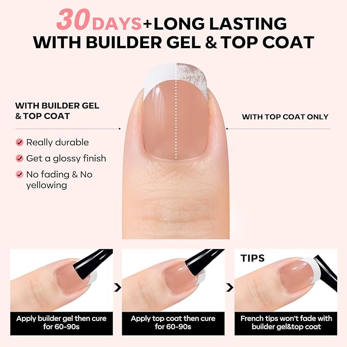 modelones French Tip Press on Nails, Short Square Fake Nails with Nail Box, Deep Nude Gel Nail Tips for Women, Soft Glue-On Nails for Natural Salon Look, DIY Nail Art Kit-BrightBean Baby