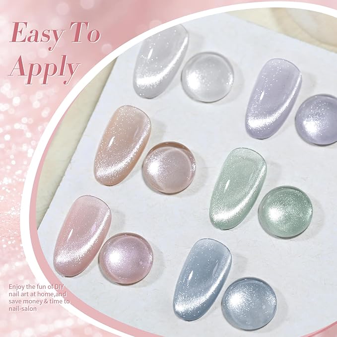 Born Pretty Cat Magnetic Eye Gel Nail Polish, Pastel Milky Jelly Cat Magnetic Gel Pastel Blue Green Purple Pink Nude Silver Nail Art Gel Manicure Salon DIY Gifts 7ML 6PCS-BrightBean Baby