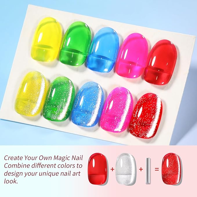 Born Pretty Neon Jelly Gel Nail Polish Glass Crystal Spring Summer Transparent Ice Jelly Gel Polish with Silver Holographic Glitter Cat Magnetic Eye Gel Polish Collection Minicure DIY Gifts 6PCS-BrightBean Baby