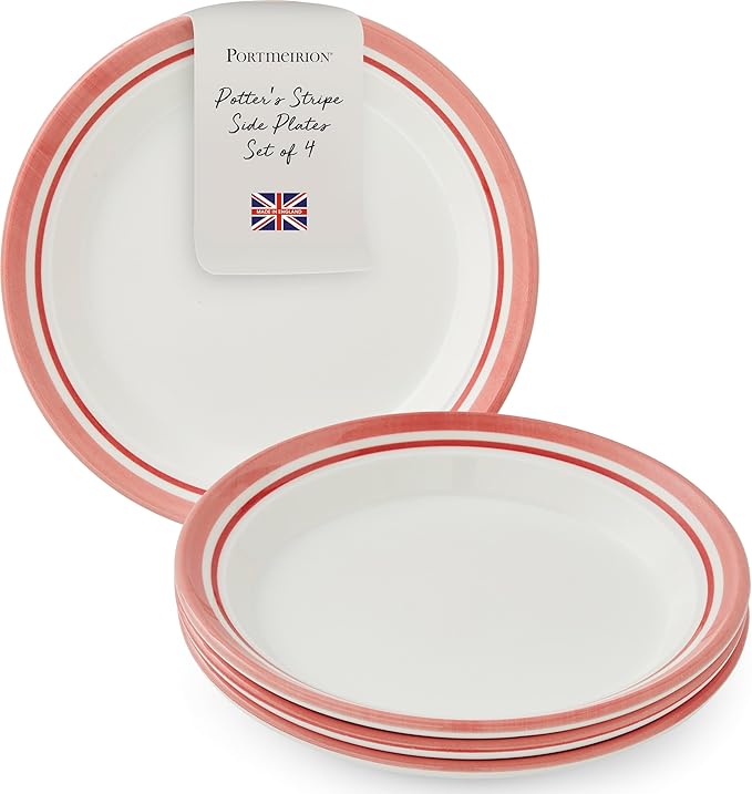 Portmeirion Potter's Stripe 8" Dinner Plate (Set of 4) - Handcrafted Earthenware Plates with Accent Rim, Microwave & Dishwasher Safe - Ideal Tableware for Modern & Traditional Dining (Red Stripe)