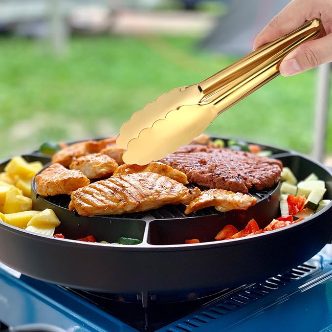 12 Pack Stainless Steel Buffet Tong Gold Serving Tongs 9 Inch Buffet Utensils Heavy Duty Durable Clamps Metal Kitchen Clip for Salad Steak Wedding Party Banquet Gathering