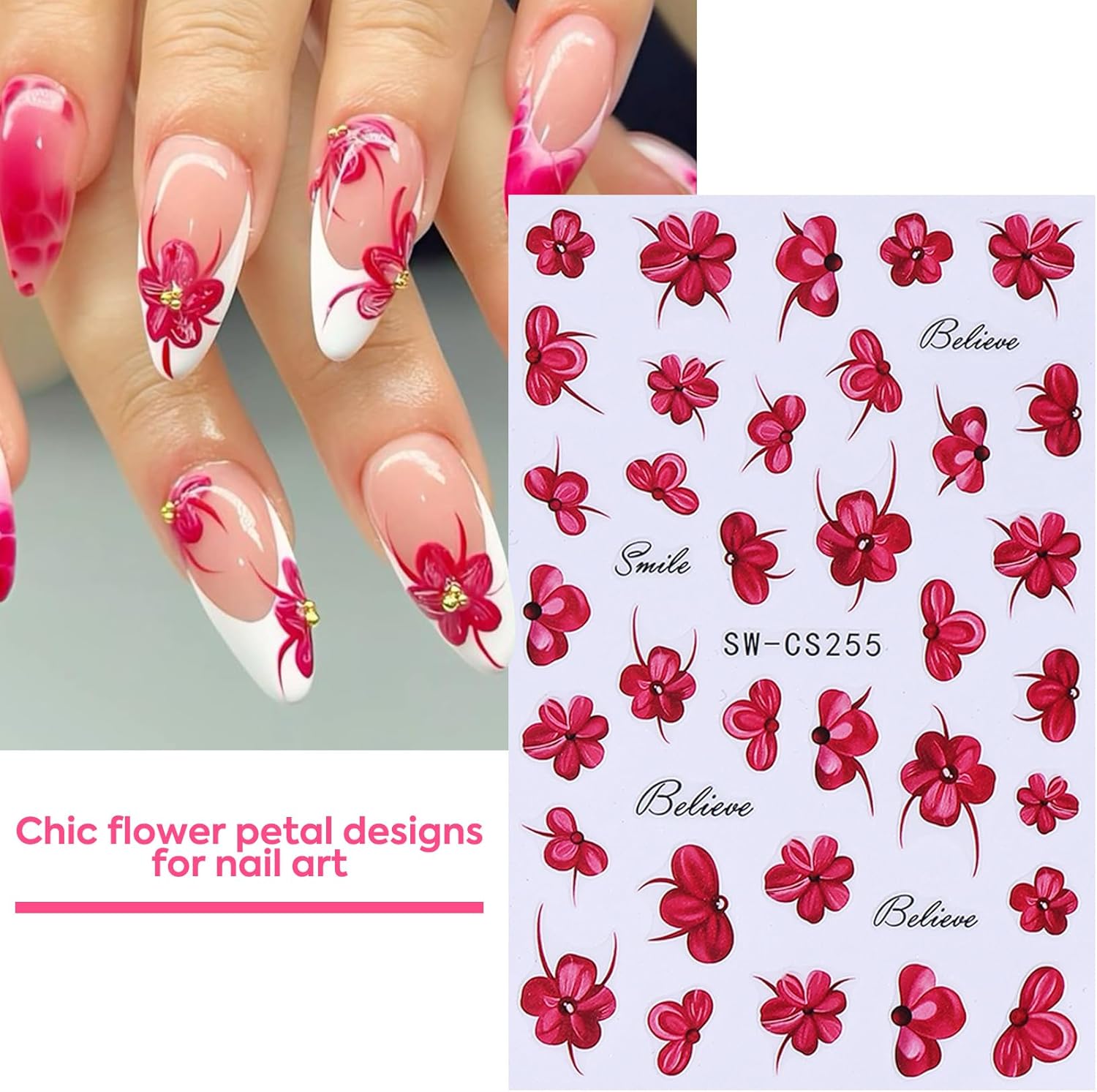 Flower Petal Nail Art Sticker 12 PCS Simple French Floral Nail Decals Lily Orchid Leaves Flamingo Designs with Tweezers Hot Pink Blue Purple Green Flower Sliders Nail Art Decoration DIY Accessories-BrightBean Baby