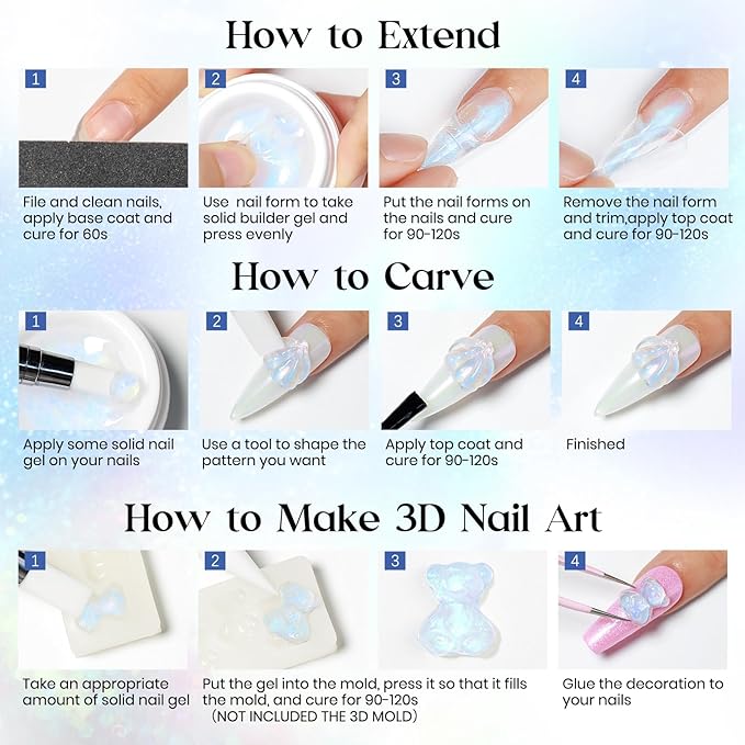 MIZHSE Non-Sticky Solid Builder Gel, Aurora Blue and Clear Sculpting Gel for Nails, Mermaid Pearl Building Carving Modeling Hard Extension 3D Nail Art Salon Home DIY-BrightBean Baby
