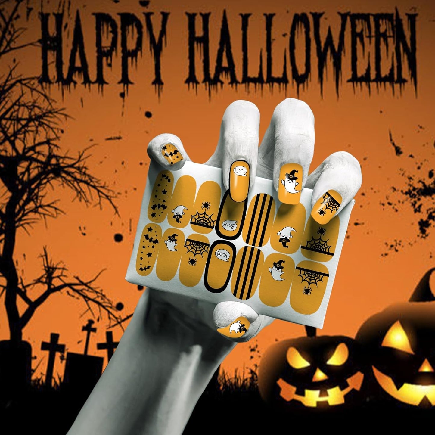 12 Sheets Halloween Nail Wraps Stickers, Nail Polish Strips DIY Self-Adhesive Full Glitter Nail Art Decals Pumpkin Bat Ghost Spider Skull Pattern with 2 Piece Nail Files for Party Decor (168 Pieces)-BrightBean Baby