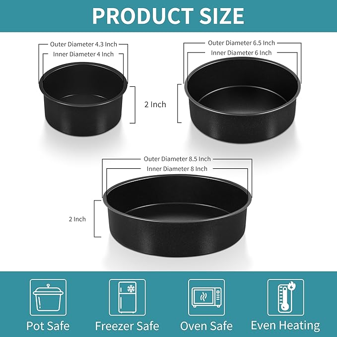 P&P CHEF 4/6/ 8 Inch Cake Pan Set of 3, Non-Stick Round Cake Pans Tins for Tier Smash Cakes, Baking Pans Set & Essential Bakeware, Stainless Steel Core & Leak-Proof