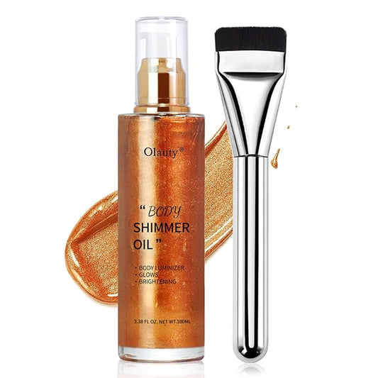 Shimmer Body Oil-Bronze Gold Face Brighten Pearl Highlighter Liquid Illuminator Body Glow Oil,4 Color Bronze Makeup Glitter Body Shimmer Oil with Makeup Brush-BrightBean Baby