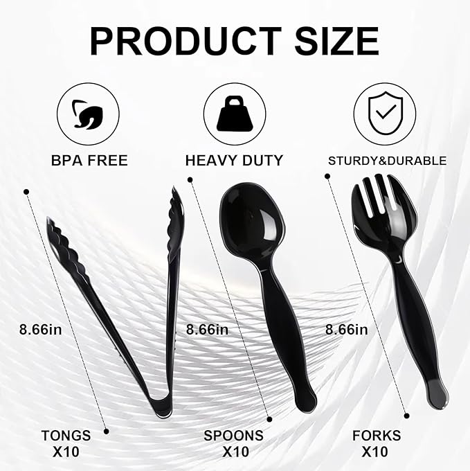 30 Pcs Disposable Black Plastic Serving Utensils,10 Set Including 9" Plastic Serving Spoons, Forks and Tongs for Dinner Parties, Buffets,Banquets, Events, Weddings, and Daily Use