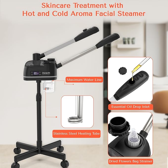 TASALON 2 in 1 Professional Facial Steamer on Wheels -with Ozone and Hot & Cold Mist, Ionic Facial Steamer Kit for Facial Deep Cleaning and Moisturize, SPA & Home, Ozone Face Humidifier - Black-BrightBean Baby