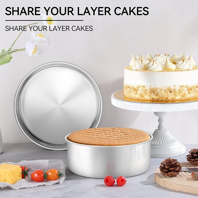 Leonyo 8 Inch Cake Pan, Stainless Steel Circle Baking Pans Set, 3 Pieces Round Layer Cake Tin for Wedding Birthday, Even Heating, Non Toxic & Healthy, Heavy-Duty, Dishwasher Safe