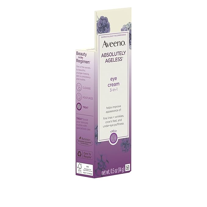 Aveeno Absolutely Ageless 3-in-1 Anti-Wrinkle Eye Cream for Fine Lines & Wrinkles, Crows Feet, & Under-Eye Puffiness, Antioxidant Blackberry Complex, Hypoallergenic, Non-Greasy, 0.5 oz-BrightBean Baby