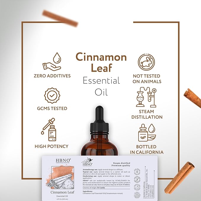 HBNO California Bottled Cinnamon Essential Oil (Leaf) 4 fl oz (120ml) - Natural Cinnamon Essential Oil for Diffuser - Perfect for Cleaning, Aromatherapy, DIY, Soap & Diffuser -BrightBean Baby