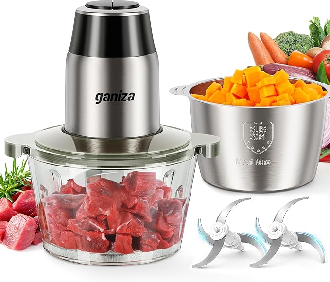 GANIZA Electric Food Processor with Meat Grinder & Vegetable Chopper - 450W Dual 8 Cup Bowls