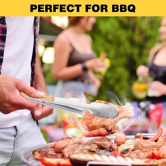 2 Pcs Tongs For Cooking - 9 Inch and 12 Inch, Stainless Steel Kitchen Tongs, Heat Resistant 1100°F, Pull Ring Lock, Solid Wood Handles, For Grilling, Barbecuing, Cooking