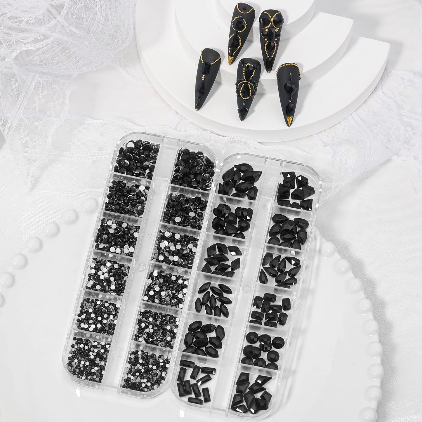 HNUIX Nail Rhinestones - 3D Multi Shape Size Crystal, Black Nail Gems, Flat Back, with Kit, for Nail Art, DIY Decorations-BrightBean Baby