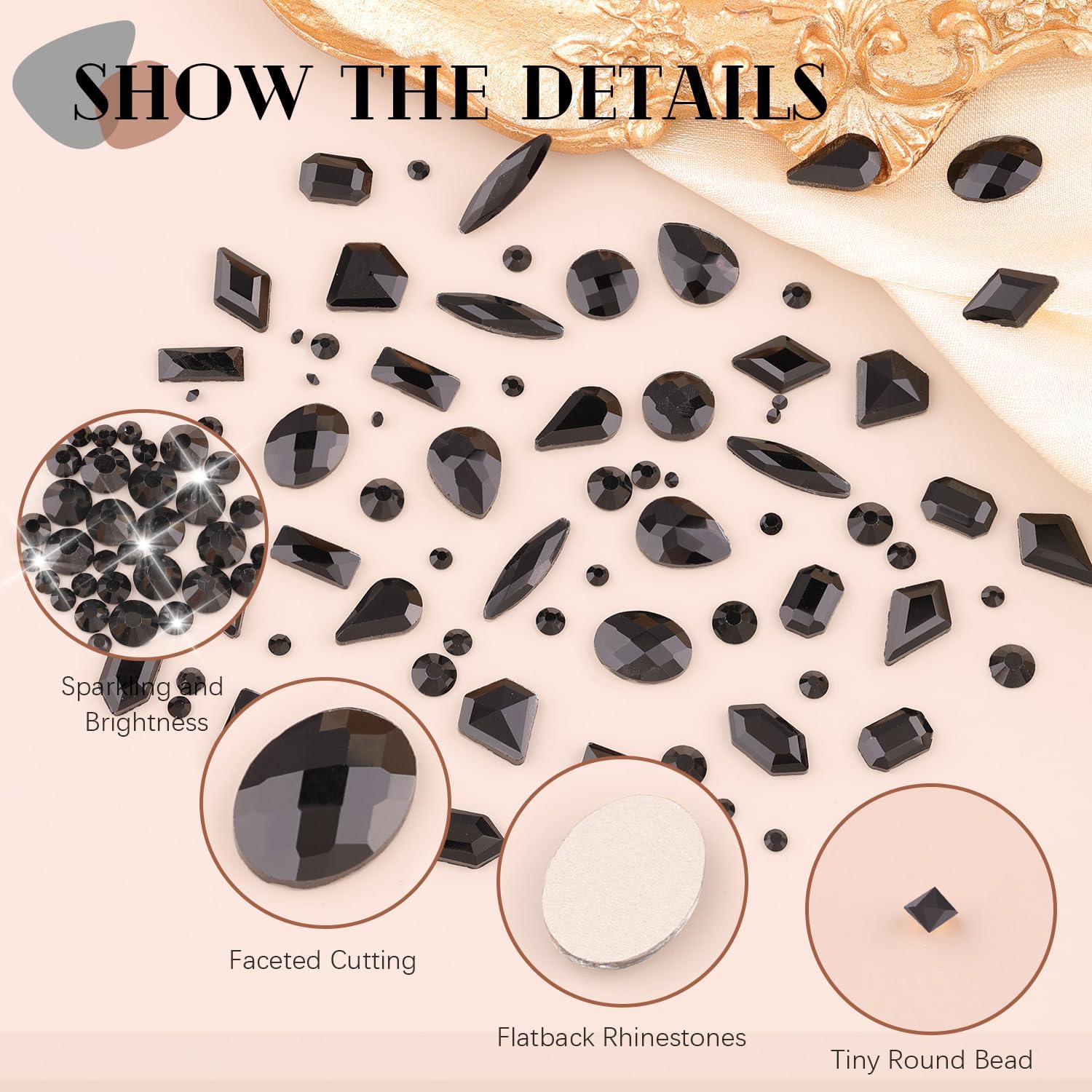 2630Pcs Black Glass Nail Rhinestones: 120Pcs Multi Shapes + 2510Pcs 1.5-4mm Round, Nail Art, Manicure, Craft Beads-BrightBean Baby
