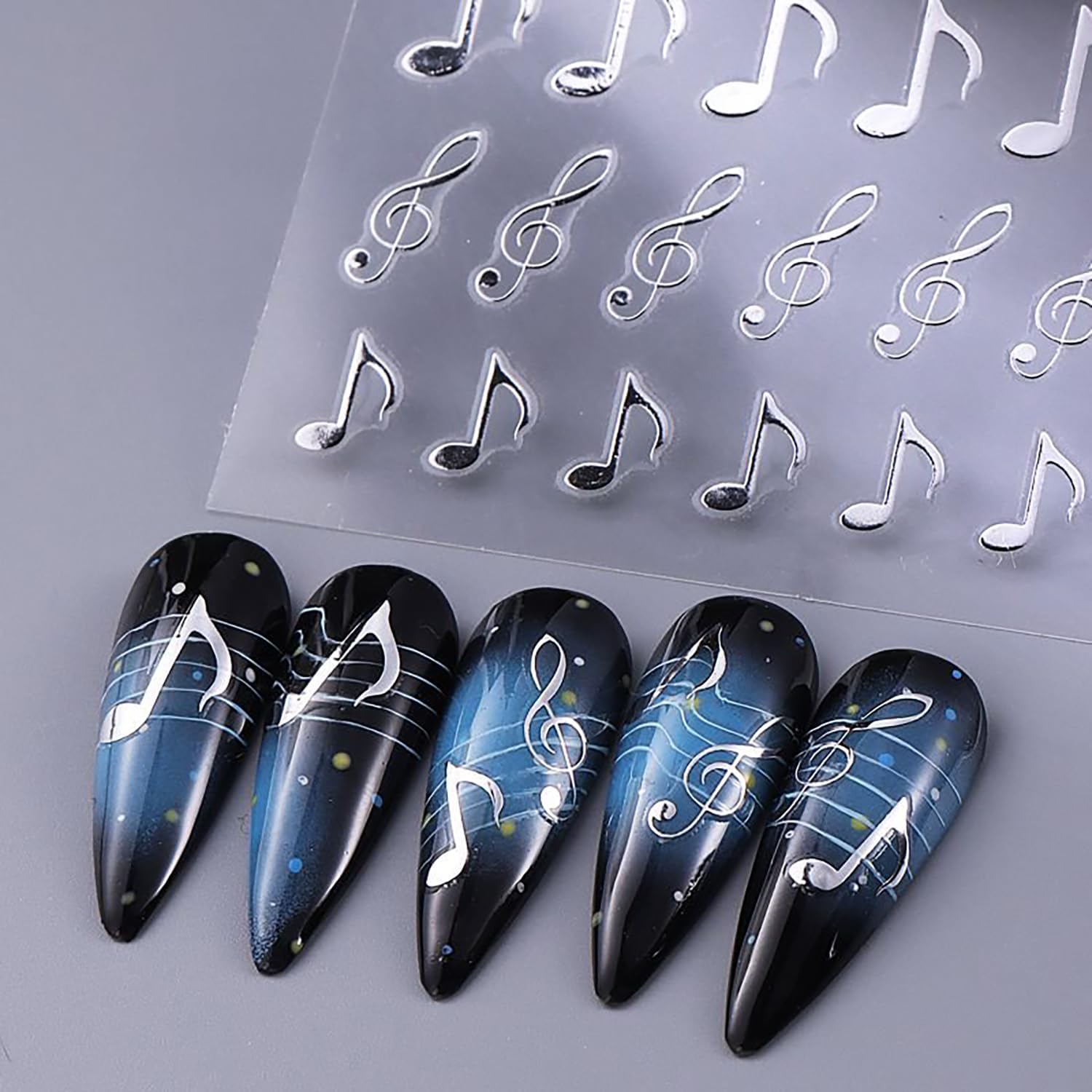 6 Sheets Musical Symbols Nail Art Stickers 3D Self-Adhesive Nails Sticker Music Notation Nails Art Decals Holographic Music Decal Decoration for Women Silver Black Manicure Stickers DIY Nail Supplies-BrightBean Baby