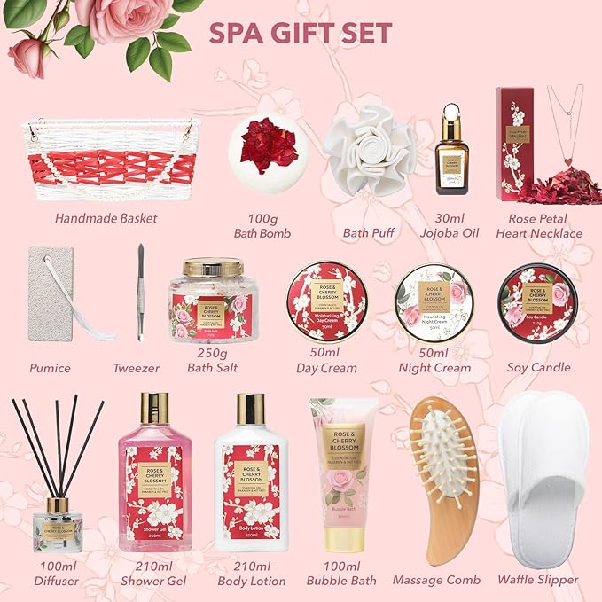 Mothers Day Gifts for Mom Rose & Cherry Blossom Spa Gift Set for Women - 19-Piece Luxury Bath & Body Care Kit with Necklace, DIY Chain, Shower Gel | Valentine's Day, Christmas Gifts for Her, Wife-BrightBean Baby