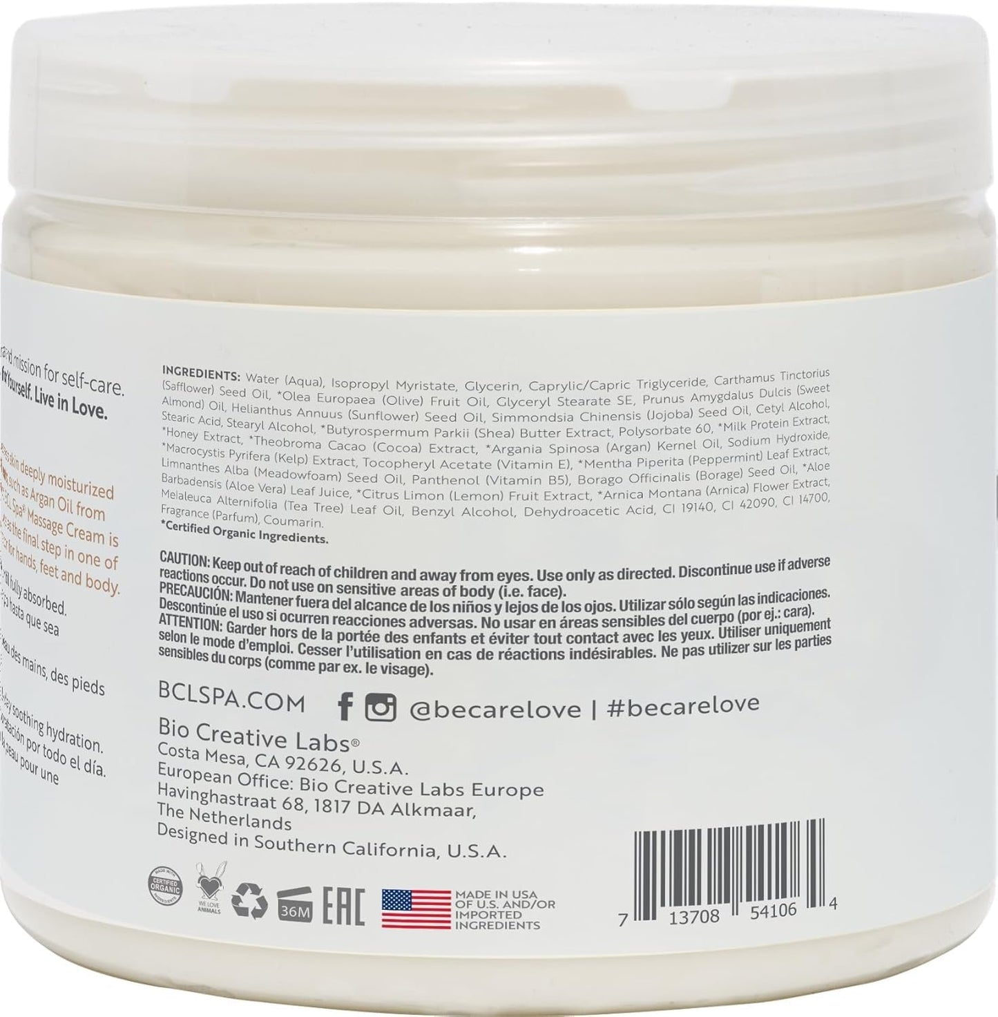 BCL SPA Massage Cream Organic Milk & Honey with White Chocolate Body Lotion, Shea Butter, Aloe Vera, Arnica, Peppermint, Kelp, Tea Tree, Olive, Argan, and Jojoba Oils, Home/Professional Use, 16 fl oz-BrightBean Baby