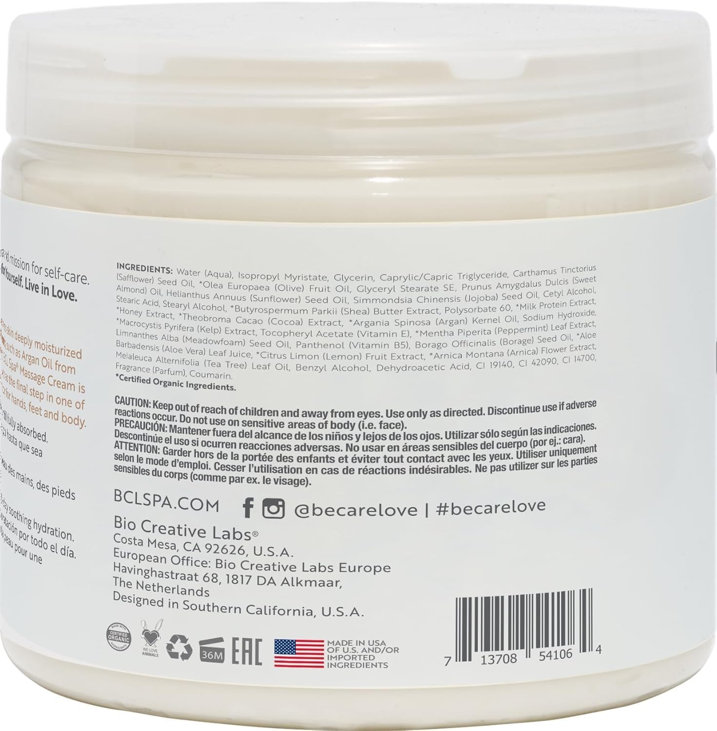 BCL SPA Massage Cream Organic Milk & Honey with White Chocolate Body Lotion, Shea Butter, Aloe Vera, Arnica, Peppermint, Kelp, Tea Tree, Olive, Argan, and Jojoba Oils, Home/Professional Use, 16 fl oz-BrightBean Baby