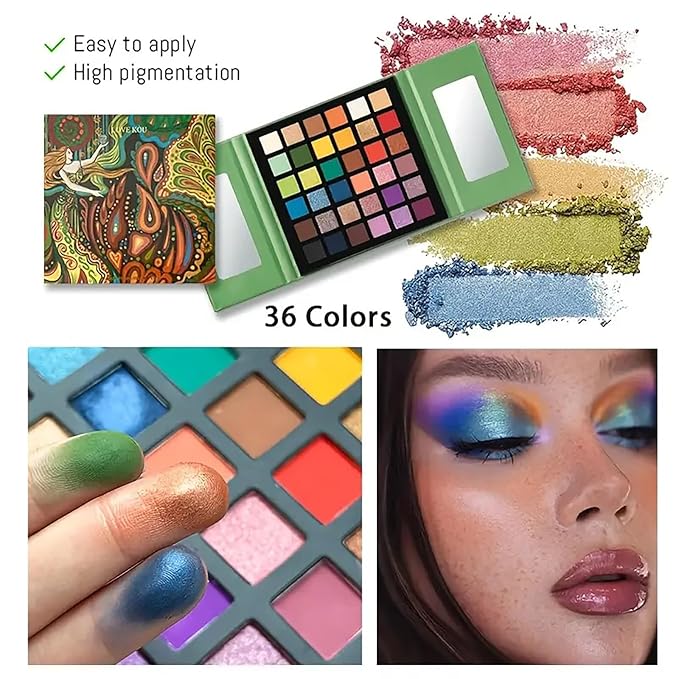 K'APEINE 36 Colors Eyeshadow Palette, Colorful Eyeshadows Palette Neon Shimmer Matte Glitter Eye Shadow High Pigmented Shadow Set Long Lasting Eye Makeup for Women-BrightBean Baby