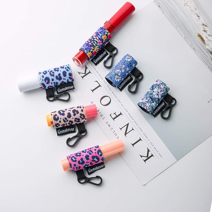 6 Pack Compact Clip-On Chapstick Holder Premium Release Clip Neoprene Sleeve with Clip Fits Most Standard Lip Balm-BrightBean Baby