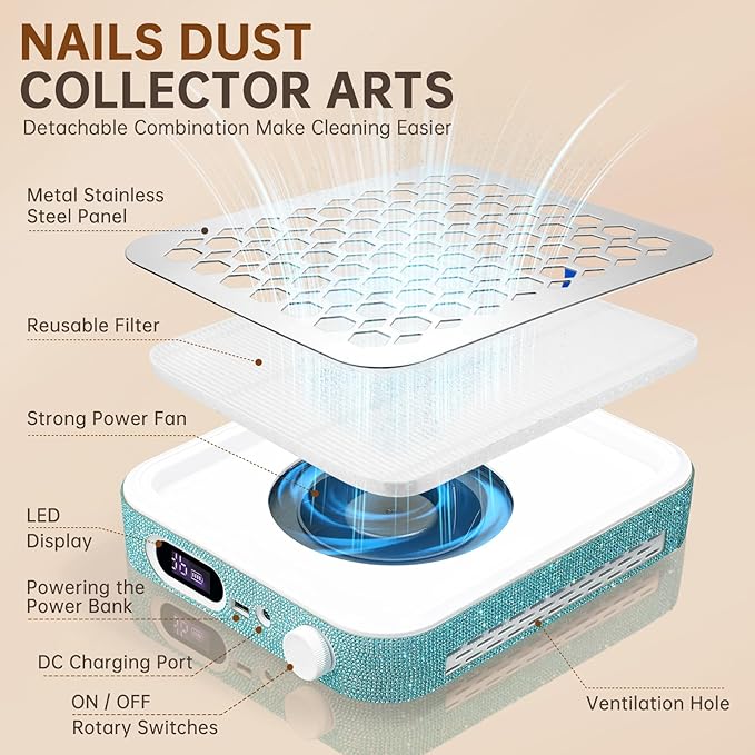 Nail Dust Collector, Rechargeable Dust Collector Nail Tech, Powerful Vacuum Fan Vent Dust Collector Extractor Dust Suction Machine for Acrylic Nails Polishing, Nail Salon&Home, Blue-BrightBean Baby