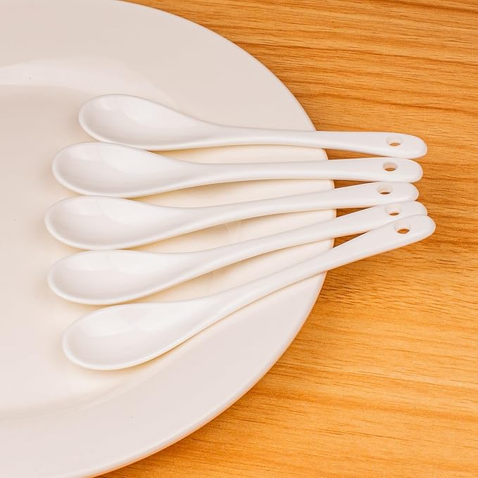 White Long Handle Porcelain Spoons Coffee, Tea, Yogurt and Ice-cream, Cutlery Fitting Ceramic Spoons 5.1 Inch Set of 10 (10, 5.1 inch)