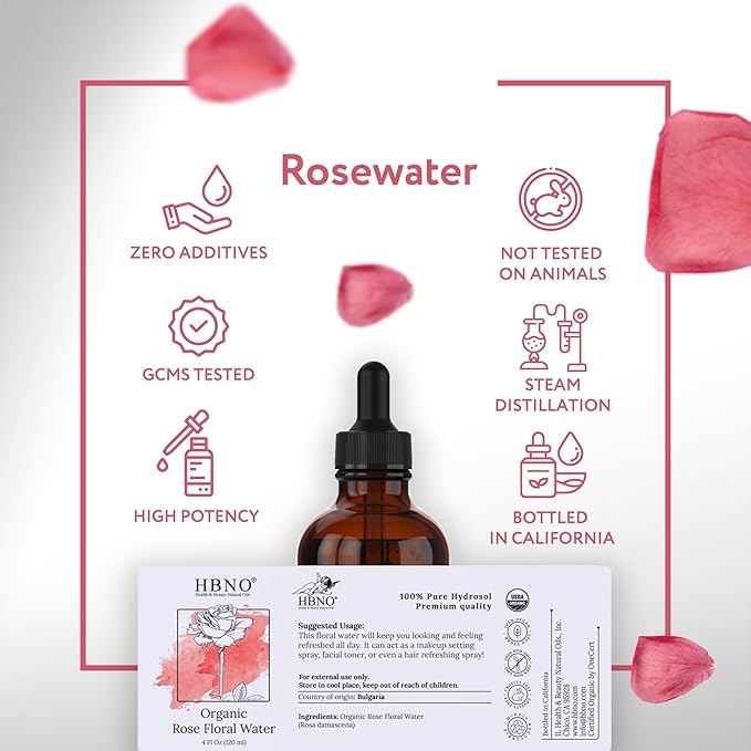 HBNO California Bottled Organic Rose Water for Face 4 fl oz (120ml) - USDA Certified Organic Rose Water Spray for Cleansing- Pure Rosewater for Hair - Rosewater Face Mist-BrightBean Baby