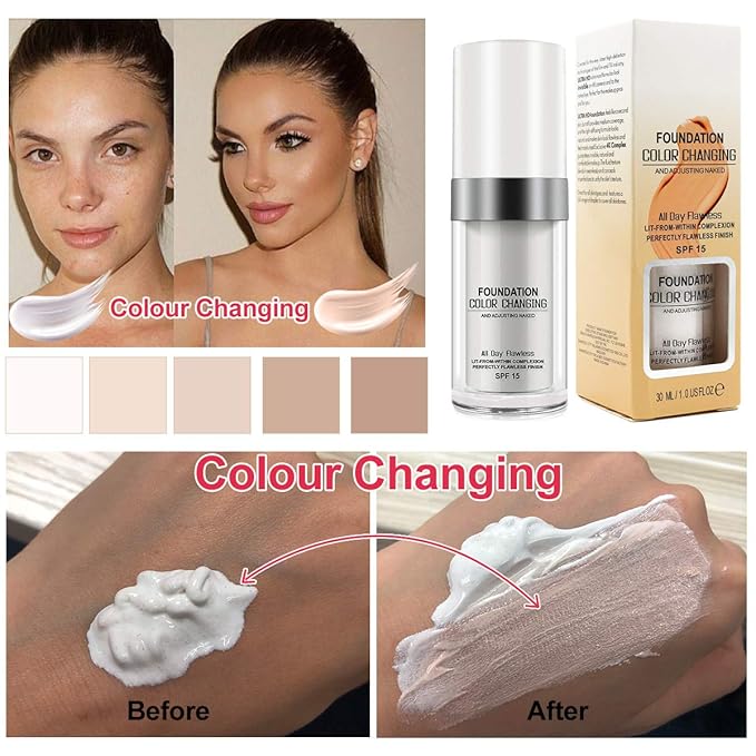 30ML Flawless Colour Changing Warm Skin Tone Foundation,Naturally Blends Moisturizing foundation makeup,Long Lasting Waterproof Poreless Liquid Foundation SPF 15 for Face Makeup-BrightBean Baby