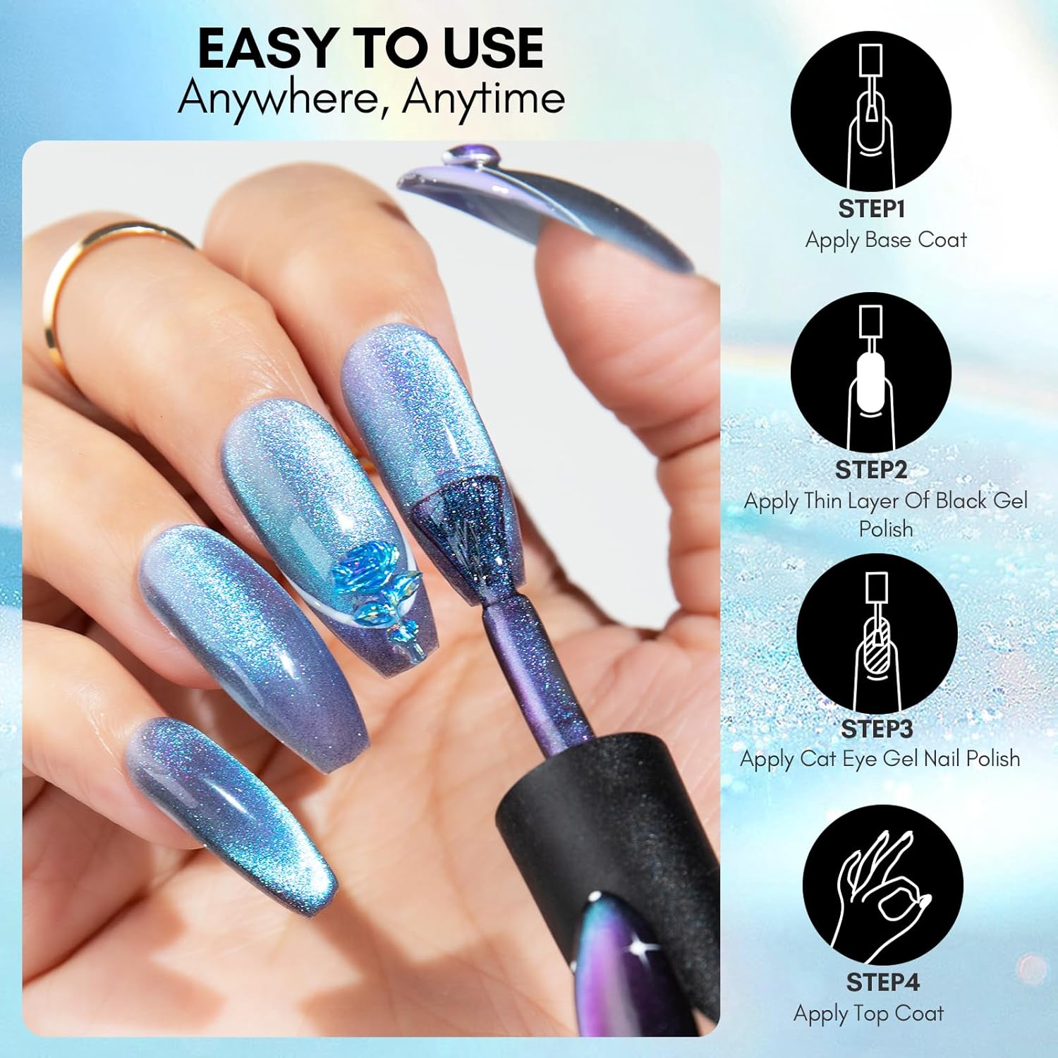 Makartt Blue Cat Eye Gel Nail Polish: Magnetic Glitter Gel Polish Soak-Off UV/LED with Aurora Effect, Long-Lasting Black Hole Shine, Comes with Magnet Stick Salon Home Nail Art 10ml-BrightBean Baby