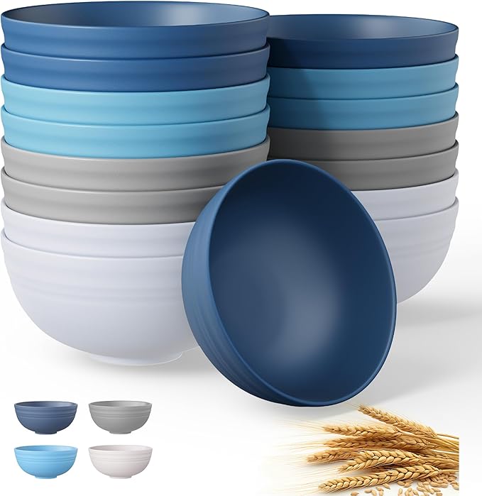 Quatish 16 PCS Unbreakable Cereal Bowls,Dishwasher & Microwave Safe Wheat Straw Bowls, Easy-to-Clean Lightweight Snack & Soup Bowl,Multi-Color Portable for Picnics Plastic Bowls Set, Blue