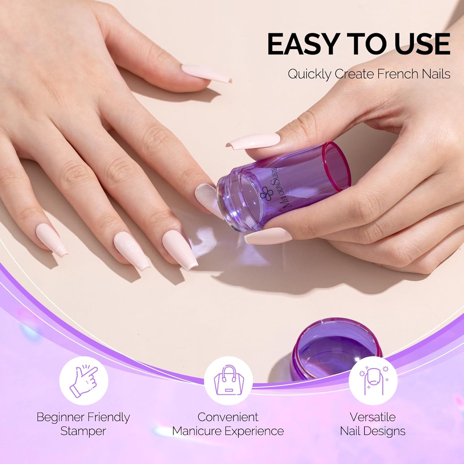 MelodySusie French Nail Stamper, Nail Stamper Kit, Silicone Nail Stamp, Long and Short Stampers with Scrapers, 4PCS Nail Stamper Tool for French Manicure DIY Home Nail Design Salon, Purple-BrightBean Baby