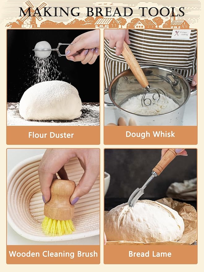 Sourdough Bread Baking Kit - Breads Making Tools - Complete Sourdough Starter Kit with Proofing Baskets, Jar, Dough Whisk, Pastry Mat, Bread Knife & Tools - Gifts for Bakers Women & Moms