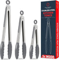 Kitchen Tongs for Cooking with Silicone Tips, Heat Resistant Tongs for Serving Food, 7-Inch, 9-Inch, 12-Inch Locking Silicone Tong, Set of 3 Salad Tong, Grey Kitchen Utensils