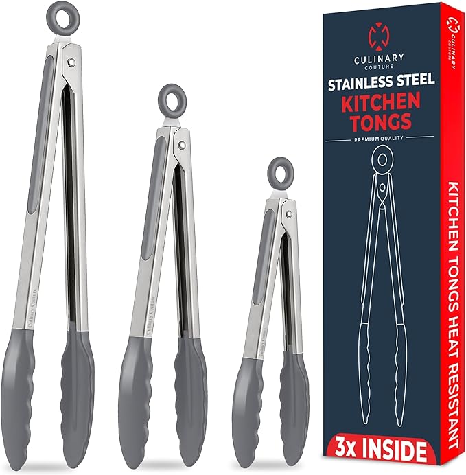 Kitchen Tongs for Cooking with Silicone Tips, Heat Resistant Tongs for Serving Food, 7-Inch, 9-Inch, 12-Inch Locking Silicone Tong, Set of 3 Salad Tong, Grey Kitchen Utensils