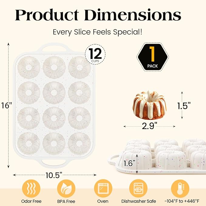 Vinino Silicone Mini Fluted Tube Cake Pans with Metal Reinforced Frame, 12-Cavity Mini Flan Molds, Non-stick Cupcakes Pans for Baking, Donuts, Muffins, Cornbread, Brownies, Jellies
