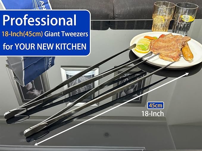 JETKONG 2 Pcs 18 Inch (45cm) Stainless Steel Grill Tongs Heavy Duty Giant Tweezer Tongs, Extra Large Tweezers Tools for Cooking, Grilling, BBQ and Turning Food (Black)