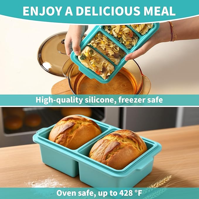 1 Cup Silicone Freezer Tray Ice Cubes with Lids and Date Mark for Storing Lasagna Leftovers Sauces Portioned Meals and More, Silicone Soup Freezer Molds for Meal Prepping 2 Pack Aqua