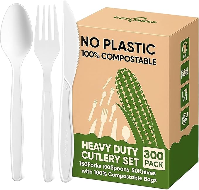 Compostable Utensils Set (300Pack), Heavy Duty & Eco-Friendly No-Plastic Spoons, Forks, Knives Cutlery Set - 100% Disposable Cornstarch Flatware for Lounge Party Wedding BBQ Picnic Camping