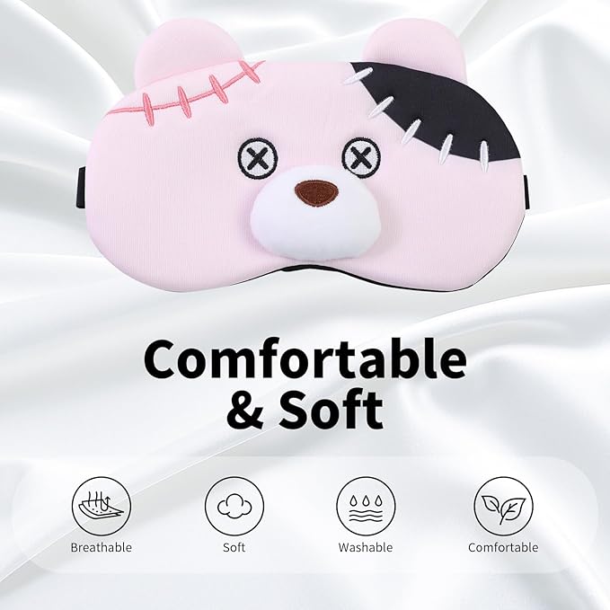 PERFECTSIGHT Sleep Eye Masks, Cute Plush Sleep Eye Cover Lightweight Adjustable Eyeshade Faux Fur Mask Cover for Women Men Kids Sleep Travel Nap, Pink Pudding Bear-BrightBean Baby