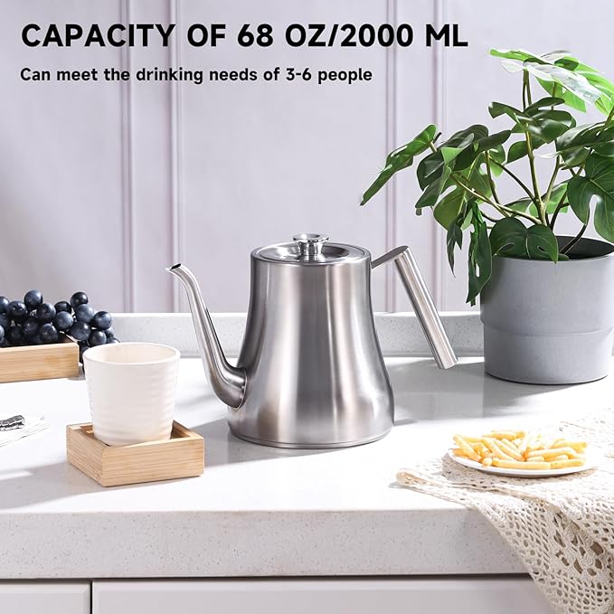 68OZ/2000ML Stainless Steel Teapot with Removable Infuser, Stovetop Safe Tea Maker Water Kettle for Loose Leaf & Tea Bags, Silver