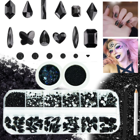 3 Boxes Black Nail Rhinestones with Fine Glitters Kit, 60Pcs Big Assorted Black Nail Gems with S6-S16 Flatback Round Stones,Crystals Nail Gem Stones for DIY Faces Body Crafts-BrightBean Baby
