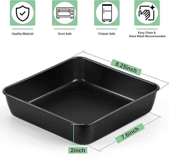 TeamFar 8 Inch Cake Pan, Square Brownie Baking Pan with Stainless Steel Core & Non Stick Coating, for Baking Roasting Storing Food, Healthy, Oven Safe & Anti-melt, Easy to Release & Clean – Set of 2