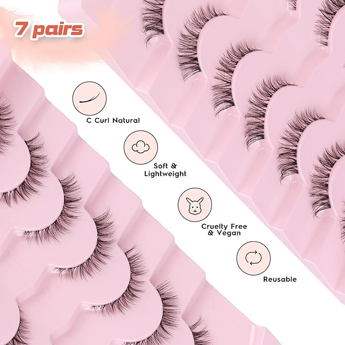 Cat Eyelashes Wispy False Eyelashes Natural 12mm Short Lashes with Thin Band Fake Eyelash 3D Volume Strip Lashes Siligli Eyelash Pack 7 Pair-BrightBean Baby