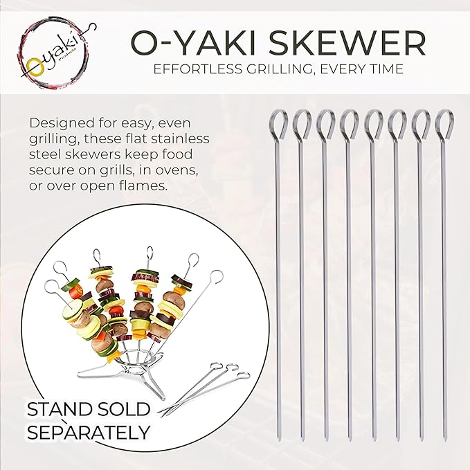 O-Yaki Flat Metal Kabob Skewer for Grilling – Set of 8 BBQ Skewers Stainless Steel with Storage Bag, Dishwasher Safe Skewers with Hook Handle & Sharp Tip for BBQ, Cookouts & Oven Use – 12 Inch