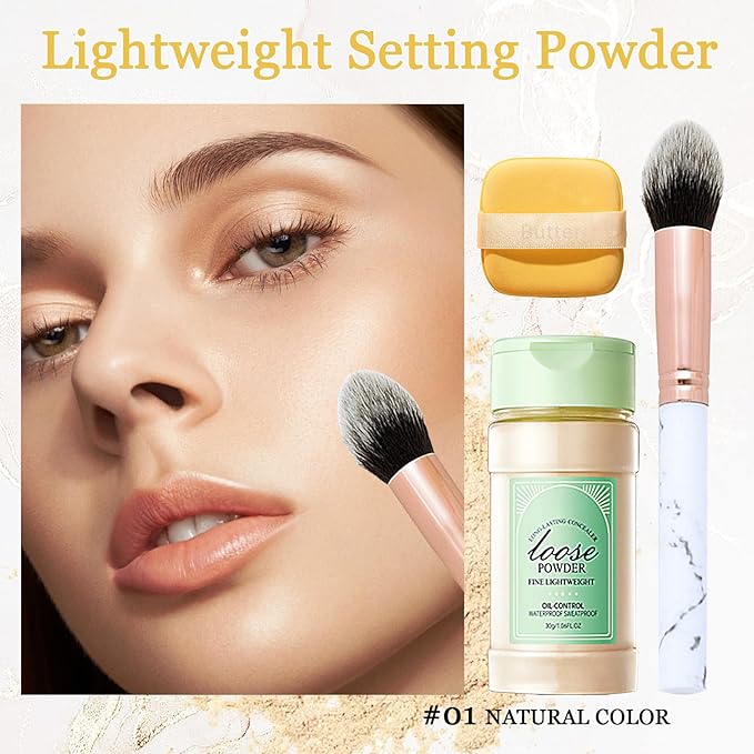Lightweight Setting Powder,Waterproof Oil Control Translucent Face Powder,Smooth Long Lasting Matte Finish Loose Powder with Face Makeup Brush & Powder Puff（Natural Color）-BrightBean Baby