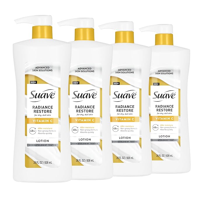 Suave Radiance Restore Hand & Body Lotion For Women With Vitamin C, Brighten & Hydrate Dry, Dull Skin, Non Greasy, Moisturizing Cream Evens Skin Tone, Allergen Free, 28 FL OZ Pump, 4 Pack-BrightBean Baby