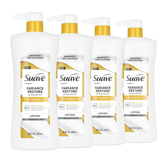 Suave Radiance Restore Hand & Body Lotion For Women With Vitamin C, Brighten & Hydrate Dry, Dull Skin, Non Greasy, Moisturizing Cream Evens Skin Tone, Allergen Free, 28 FL OZ Pump, 4 Pack-BrightBean Baby