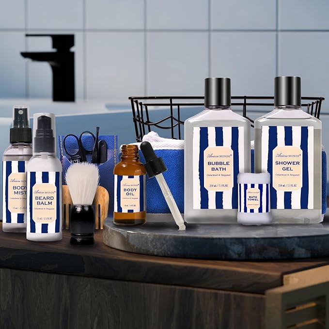 Valentines Day Gifts for Men, Bath and Body Gift Sets for Men with 10 Pcs Cedar & Bergamot Spa Gifts for Men, Bath Sets Includes Shower Gel, Bubble Bath, Body Mist. Perfect Father's Day Gifts for Men-BrightBean Baby